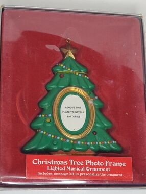 Vintage Enesco Green Christmas Tree Photo Frame Ornament with Gold Star- NIB, 4"